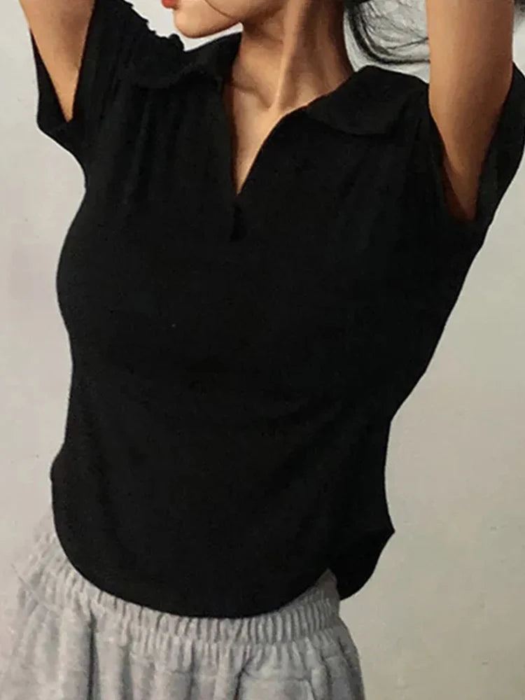 Top de verano de manga corta con solapa para mujer, jersey liso con cuello en V, camisetas retro dulces, top corto sexy para chica, camiseta ajustada y versátil para mujer