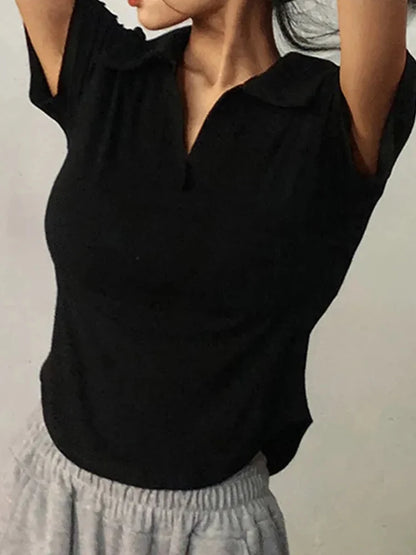 Top de verano de manga corta con solapa para mujer, jersey liso con cuello en V, camisetas retro dulces, top corto sexy para chica, camiseta ajustada y versátil para mujer