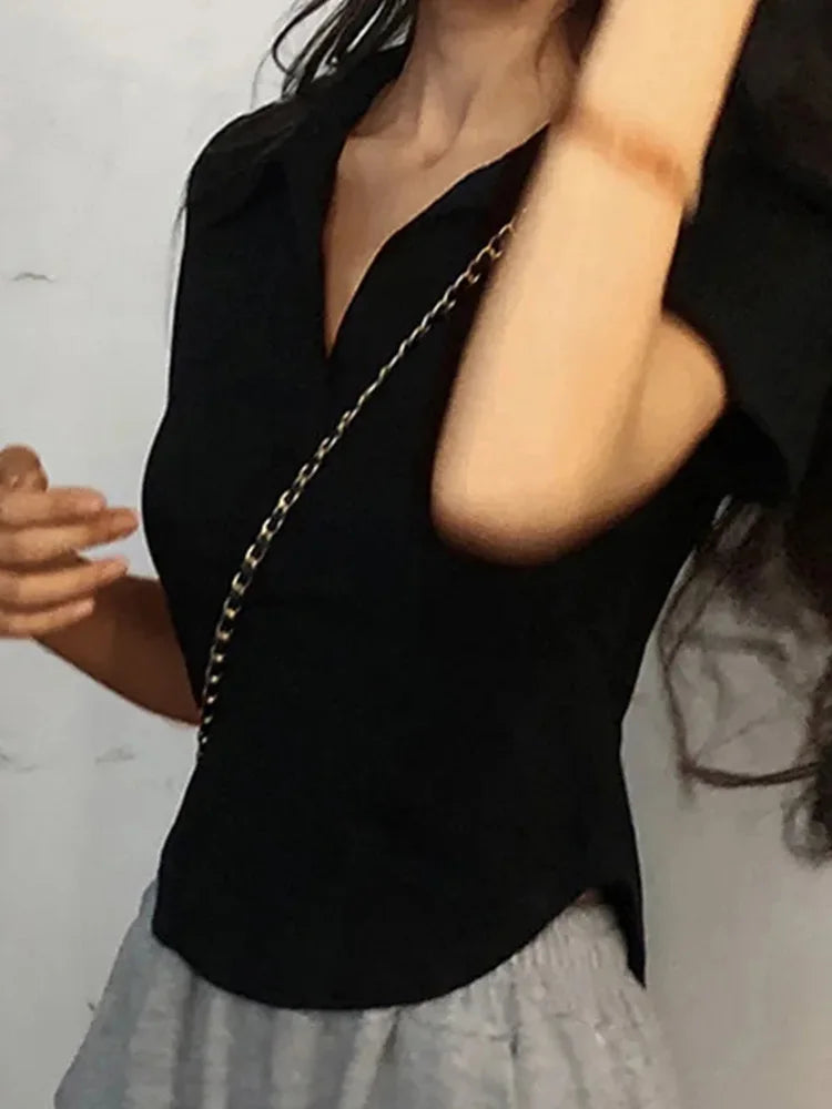 Top de verano de manga corta con solapa para mujer, jersey liso con cuello en V, camisetas retro dulces, top corto sexy para chica, camiseta ajustada y versátil para mujer