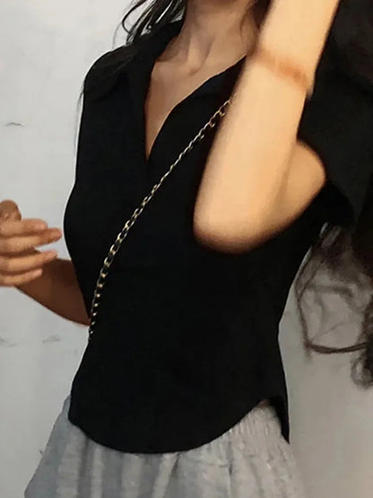 Top de verano de manga corta con solapa para mujer, jersey liso con cuello en V, camisetas retro dulces, top corto sexy para chica, camiseta ajustada y versátil para mujer