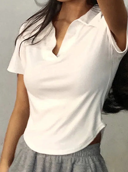 Top de verano de manga corta con solapa para mujer, jersey liso con cuello en V, camisetas retro dulces, top corto sexy para chica, camiseta ajustada y versátil para mujer