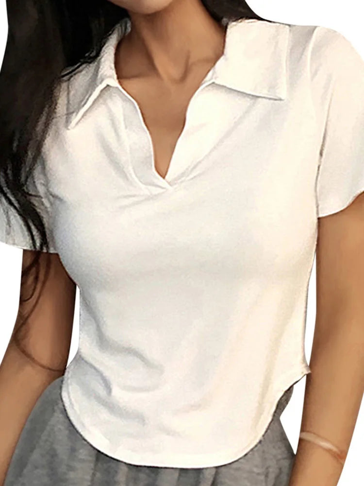Top de verano de manga corta con solapa para mujer, jersey liso con cuello en V, camisetas retro dulces, top corto sexy para chica, camiseta ajustada y versátil para mujer