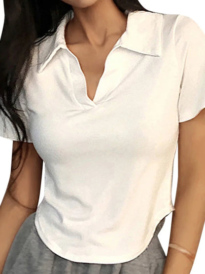 Top de verano de manga corta con solapa para mujer, jersey liso con cuello en V, camisetas retro dulces, top corto sexy para chica, camiseta ajustada y versátil para mujer