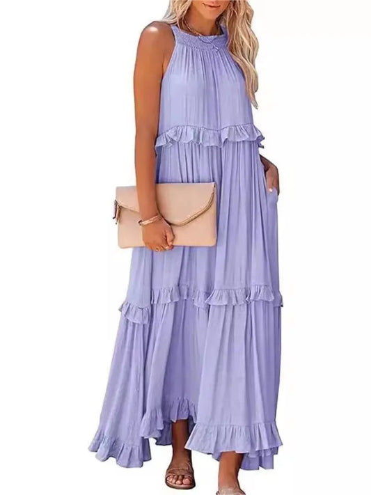 Vestidos largos de cuello halter estilo vacaciones de verano para mujer, vestidos de playa elegantes con volantes sueltos y sin espalda con aberturas laterales