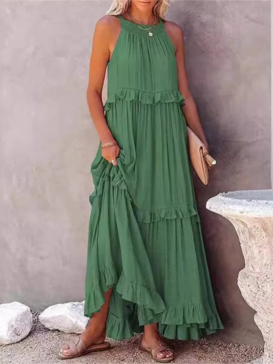 Vestidos largos de cuello halter estilo vacaciones de verano para mujer, vestidos de playa elegantes con volantes sueltos y sin espalda con aberturas laterales