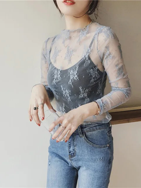 Summer Women Lace Floral Embroidery Blouses Shirt Ladies tops Sexy mesh Blouses Transparent Elegant See-through Black Shirt
