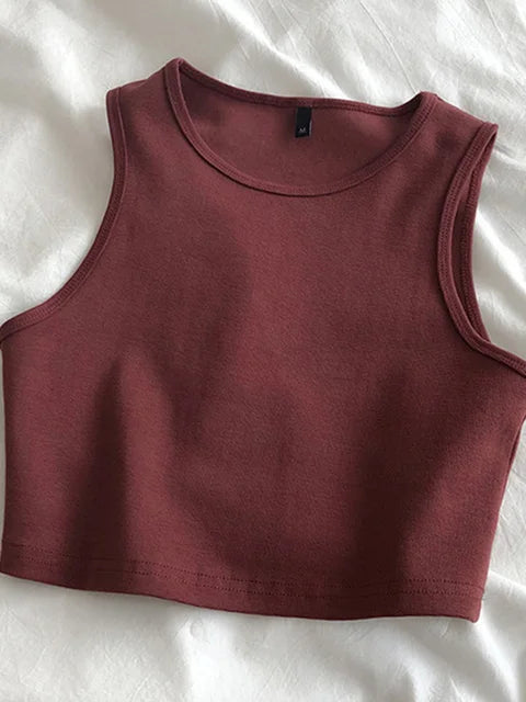 Summer new ladies retro crop top high waist slimming stretch slim short sleeveless bottoming top