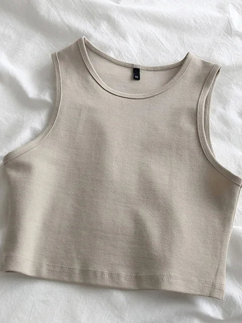 Summer new ladies retro crop top high waist slimming stretch slim short sleeveless bottoming top