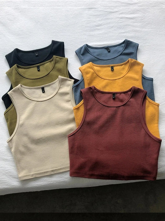 Top corto retro de verano para mujer, top adelgazante de cintura alta, elástico, ajustado, corto, sin mangas