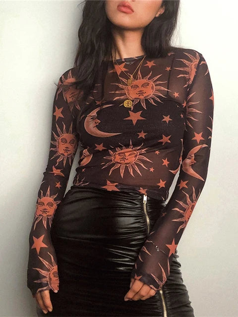Camiseta sexy de malla transparente con estampado de sol y luna para mujer, cuello redondo, manga larga, ajustada, básica, informal, para mujer, primavera 2025