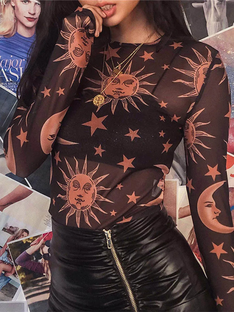 Camiseta sexy de malla transparente con estampado de sol y luna para mujer, cuello redondo, manga larga, ajustada, básica, informal, para mujer, primavera 2025