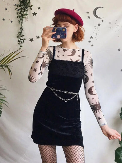 Camiseta sexy de malla transparente con estampado de sol y luna para mujer, cuello redondo, manga larga, ajustada, básica, informal, para mujer, primavera 2025