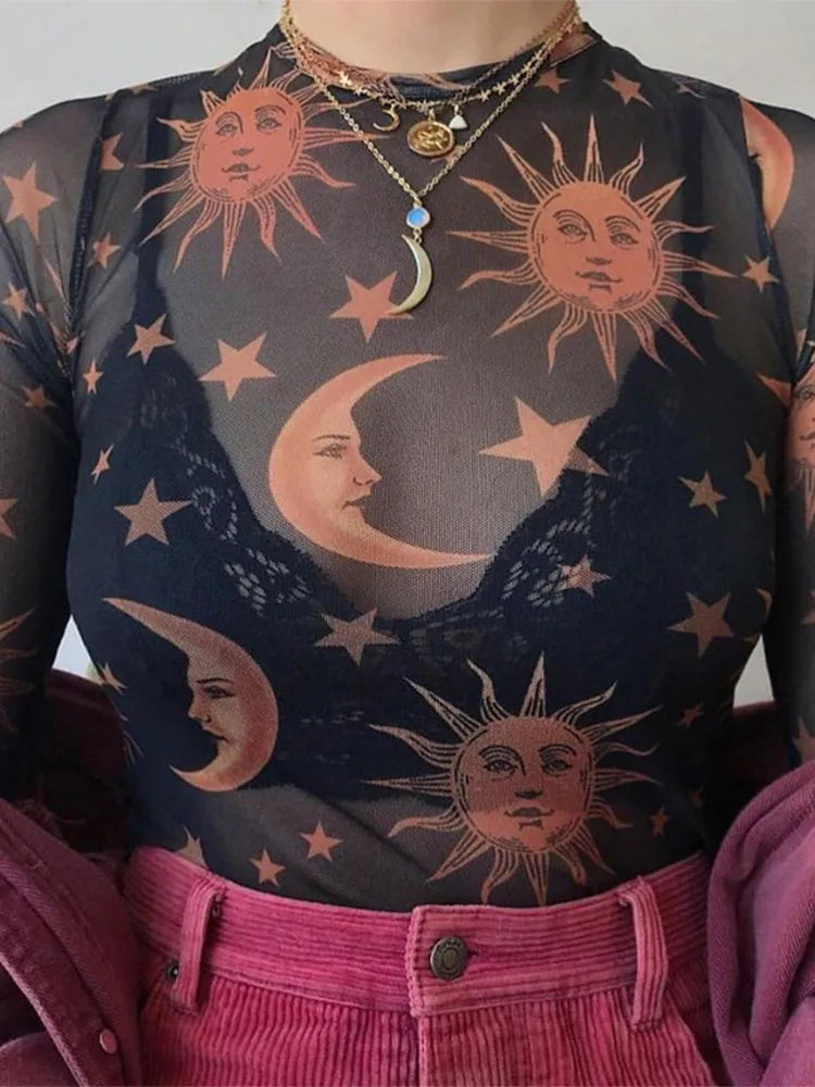 Camiseta sexy de malla transparente con estampado de sol y luna para mujer, cuello redondo, manga larga, ajustada, básica, informal, para mujer, primavera 2025