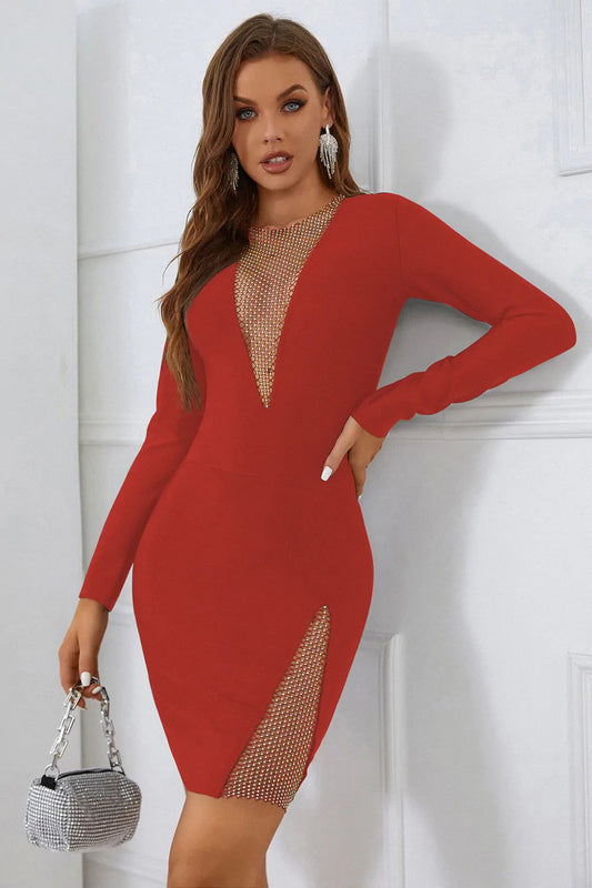 Glamorous Rhinestone Bandage Dress with Long Sleeves