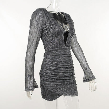 Phlia Sequin Long Sleeve Dress with Pleated Detail