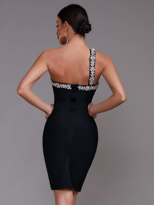 Sonia One Shoulder Rhinestone Bandage Dress - Rhinestone Detail