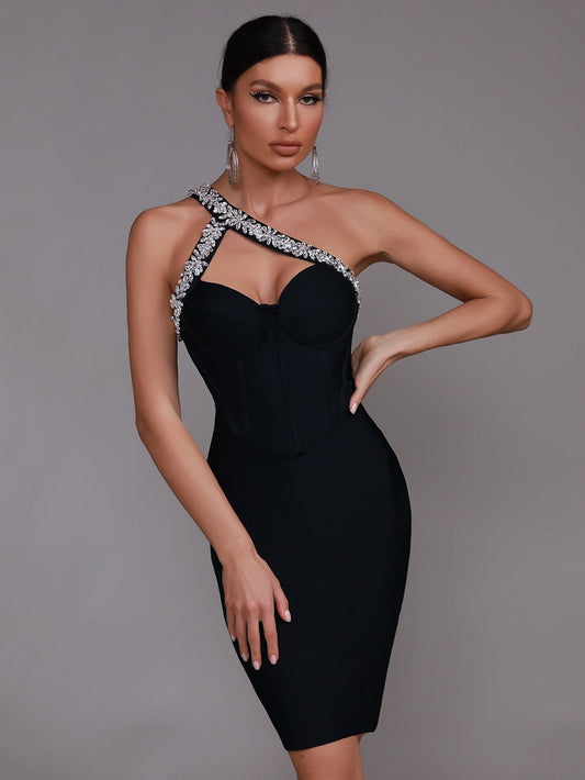 Sonia One Shoulder Rhinestone Bandage Dress - Rhinestone Detail