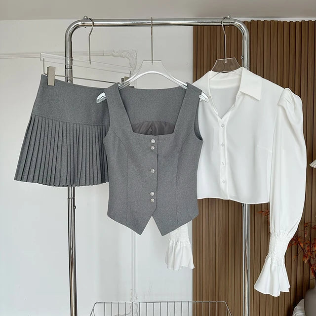 Conjunto de 3 piezas para mujer, camisa de manga acampanada, cuello cuadrado, chaleco, minifalda plisada, otoño/primavera, estilo coreano Y2K, nuevo