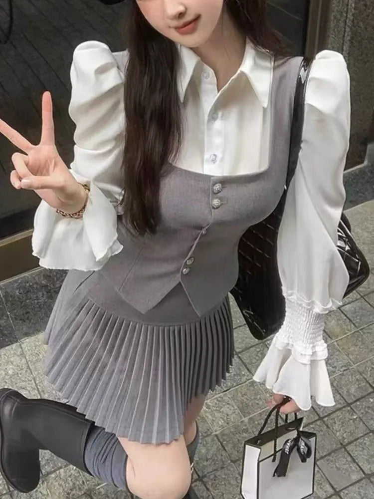 Conjunto de 3 piezas para mujer, camisa de manga acampanada, cuello cuadrado, chaleco, minifalda plisada, otoño/primavera, estilo coreano Y2K, nuevo