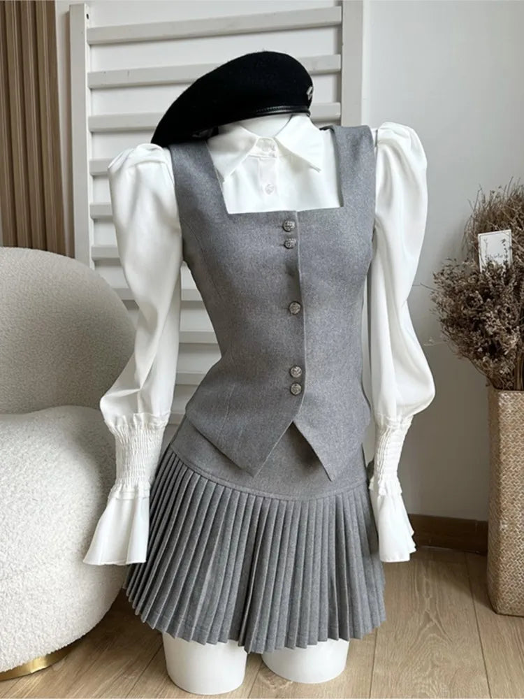 Conjunto de 3 piezas para mujer, camisa de manga acampanada, cuello cuadrado, chaleco, minifalda plisada, otoño/primavera, estilo coreano Y2K, nuevo
