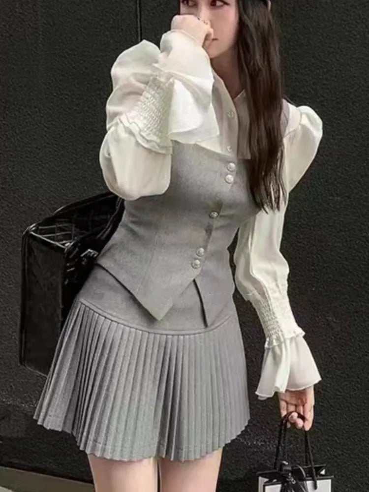 Conjunto de 3 piezas para mujer, camisa de manga acampanada, cuello cuadrado, chaleco, minifalda plisada, otoño/primavera, estilo coreano Y2K, nuevo