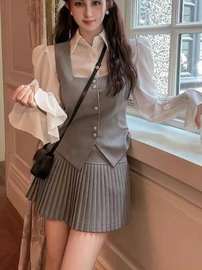 Conjunto de 3 piezas para mujer, camisa de manga acampanada, cuello cuadrado, chaleco, minifalda plisada, otoño/primavera, estilo coreano Y2K, nuevo