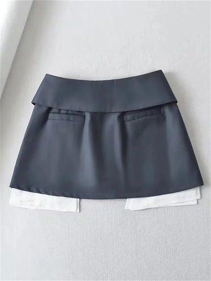 2025 New Mini Skirt For Women High Waist Gray Pleated Skirt A-Line Turn-Down Shorts Y2k Skirt With Pockets Streetwear