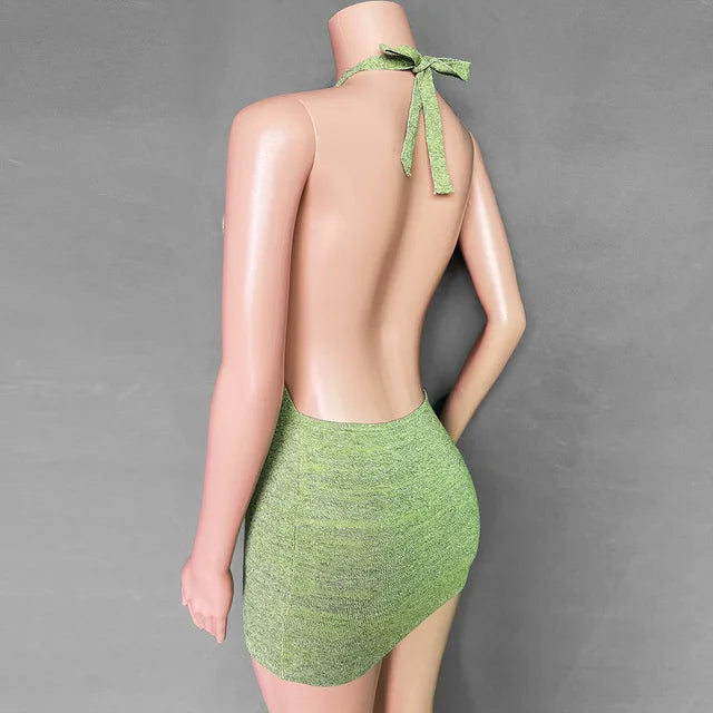 2025 Summer Dress For Women Knitting Halter Sleeveless Bodycon Mini Dresses Y2K Sexy Backless Boho Beach Dress Short