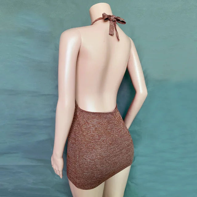 2025 Summer Dress For Women Knitting Halter Sleeveless Bodycon Mini Dresses Y2K Sexy Backless Boho Beach Dress Short