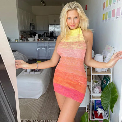2025 Summer Dress For Women Knitting Halter Sleeveless Bodycon Mini Dresses Y2K Sexy Backless Boho Beach Dress Short
