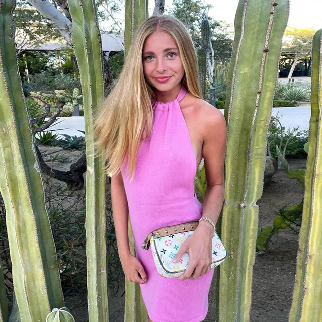 2025 Summer Dress For Women Knitting Halter Sleeveless Bodycon Mini Dresses Y2K Sexy Backless Boho Beach Dress Short