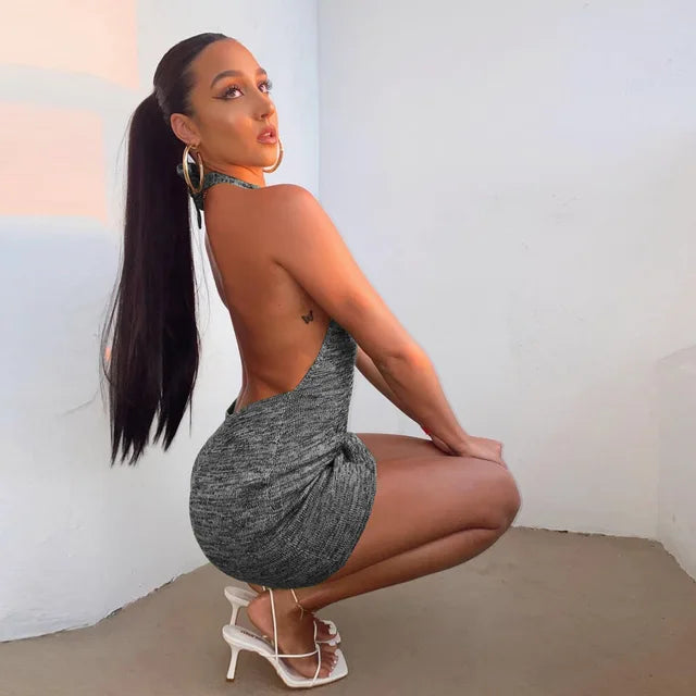 2025 Summer Dress For Women Knitting Halter Sleeveless Bodycon Mini Dresses Y2K Sexy Backless Boho Beach Dress Short