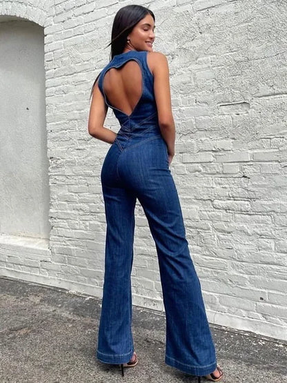 Mono ajustado con espalda descubierta y corte de corazón para mujer, informal, sin mangas, ajustado, de una pieza, estilo retro vaquero, novedad 2025