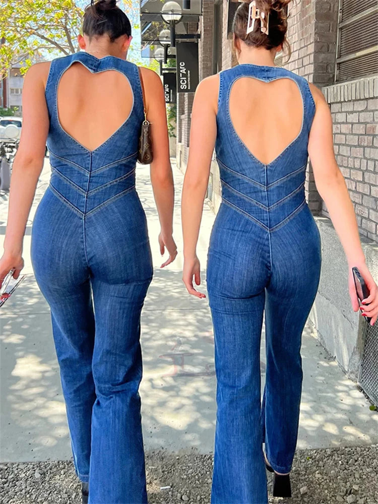 Mono ajustado con espalda descubierta y corte de corazón para mujer, informal, sin mangas, ajustado, de una pieza, estilo retro vaquero, novedad 2025
