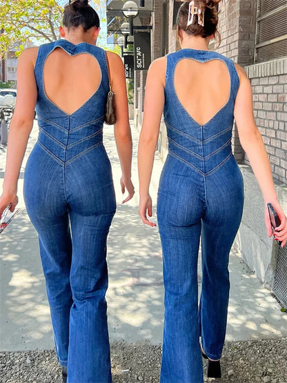 Mono ajustado con espalda descubierta y corte de corazón para mujer, informal, sin mangas, ajustado, de una pieza, estilo retro vaquero, novedad 2025
