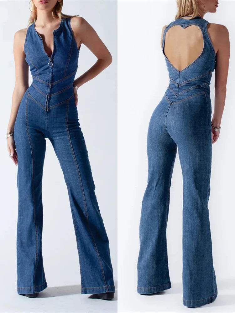 Mono ajustado con espalda descubierta y corte de corazón para mujer, informal, sin mangas, ajustado, de una pieza, estilo retro vaquero, novedad 2025