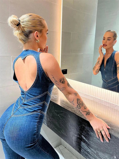 Mono ajustado con espalda descubierta y corte de corazón para mujer, informal, sin mangas, ajustado, de una pieza, estilo retro vaquero, novedad 2025