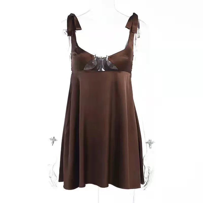 Bandage Satin Dress Women Party Sexy Backless Sleeveless Loose Dresses Ladies Hollow Out Casual Mini Dress Woman 2025 New