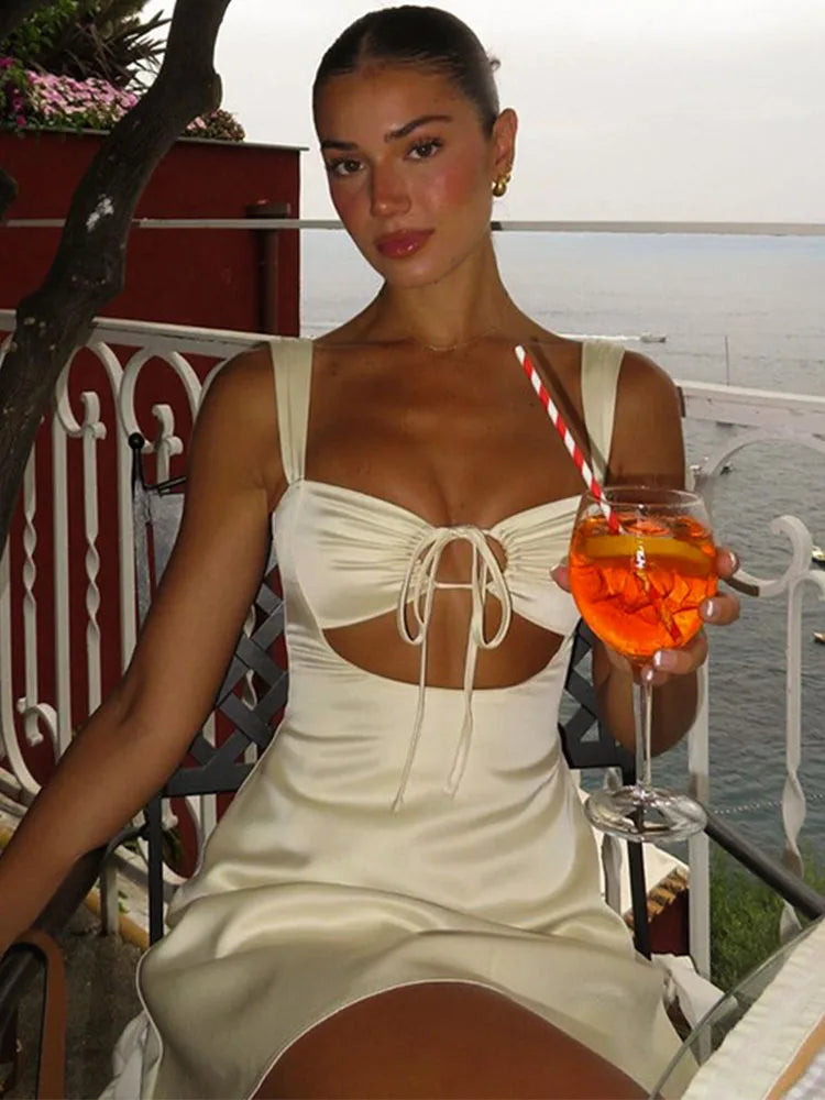 Bandage Sexy Sheath Dress For Women 2025 Summer Hollow Out Lace Up Sundress Femme Beach Sexy Slim Elegant Dresses Woman