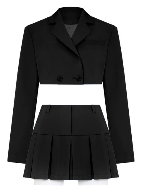 Black Blazer Sets 2025 Fashion Two Piece Cropped Blazer Jacket Coat And Mini Skirts Sets For Women Casual Suit Streetwear