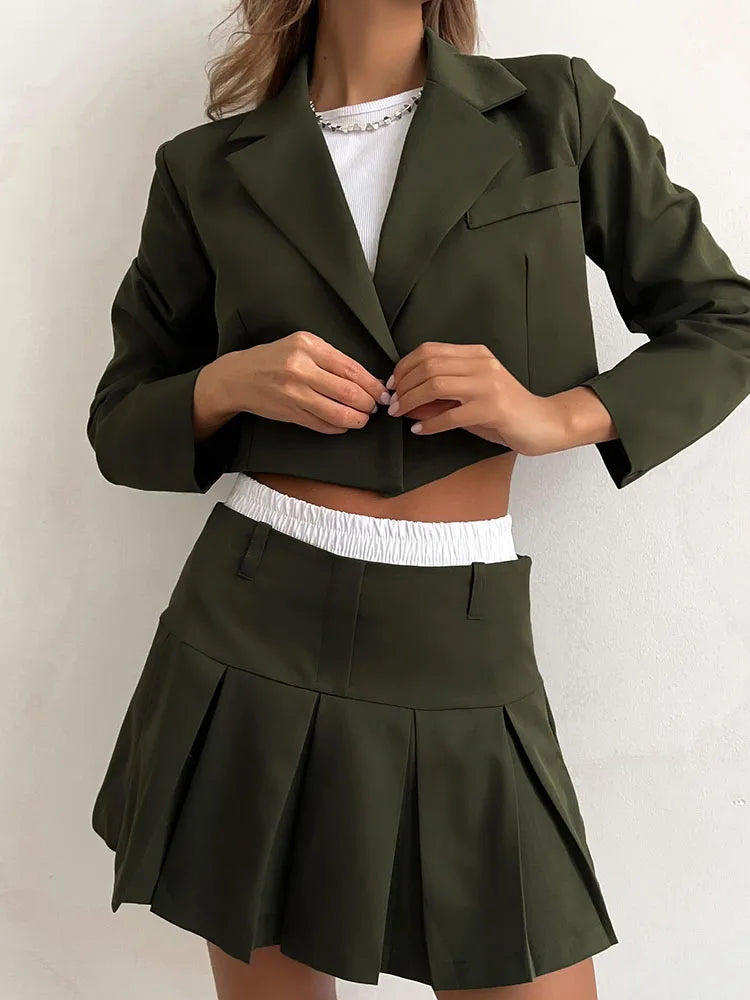 Black Blazer Sets 2025 Fashion Two Piece Cropped Blazer Jacket Coat And Mini Skirts Sets For Women Casual Suit Streetwear