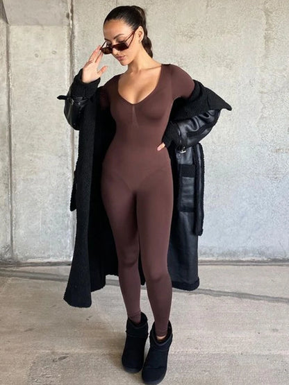 Mono negro de mujer de primavera, de manga larga, con cuello en V, ajustado, de una pieza, elástico, para fitness, mono sexy
