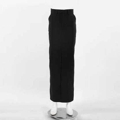 Falda larga negra para mujer, estilo casual, de cintura alta, ajustada, con abertura, básica y recta