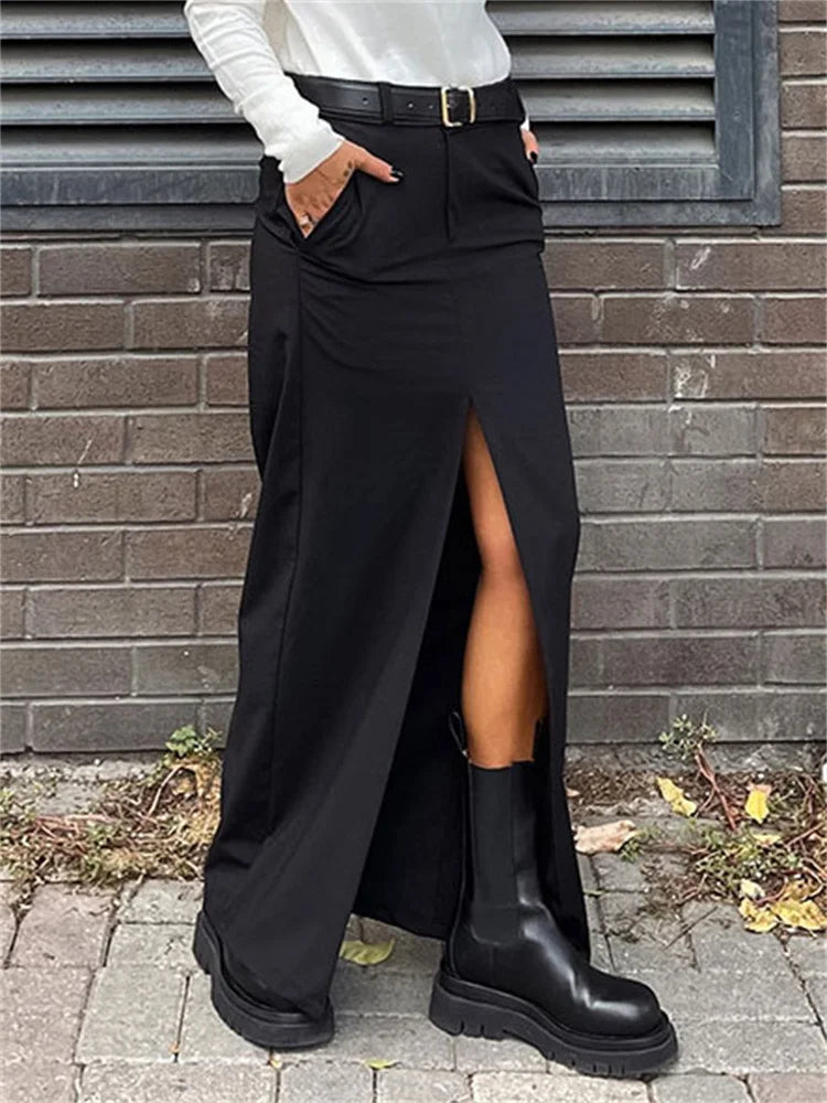 Falda larga negra para mujer, estilo casual, de cintura alta, ajustada, con abertura, básica y recta