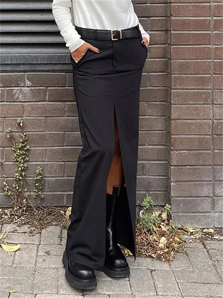Falda larga negra para mujer, estilo casual, de cintura alta, ajustada, con abertura, básica y recta