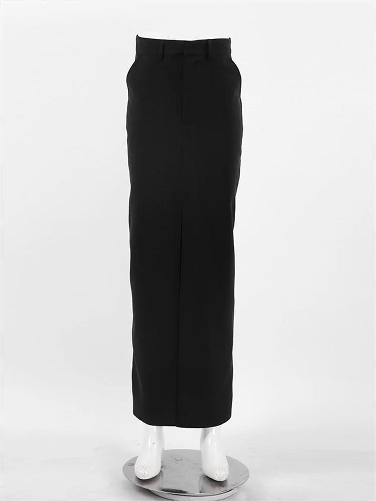 Falda larga negra para mujer, estilo casual, de cintura alta, ajustada, con abertura, básica y recta
