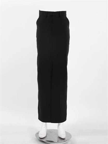 Falda larga negra para mujer, estilo casual, de cintura alta, ajustada, con abertura, básica y recta