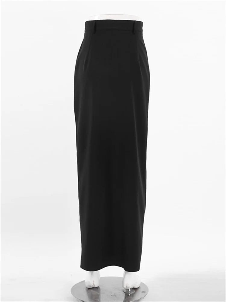 Falda larga negra para mujer, estilo casual, de cintura alta, ajustada, con abertura, básica y recta