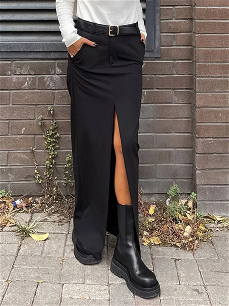 Falda larga negra para mujer, estilo casual, de cintura alta, ajustada, con abertura, básica y recta