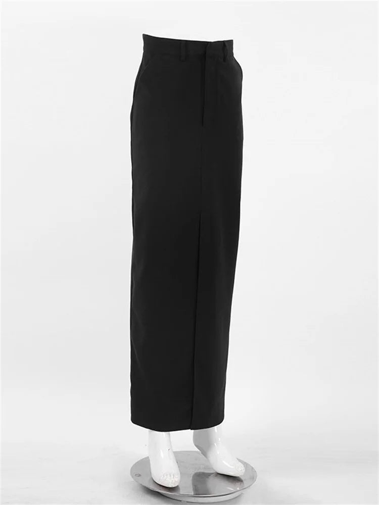Falda larga negra para mujer, estilo casual, de cintura alta, ajustada, con abertura, básica y recta